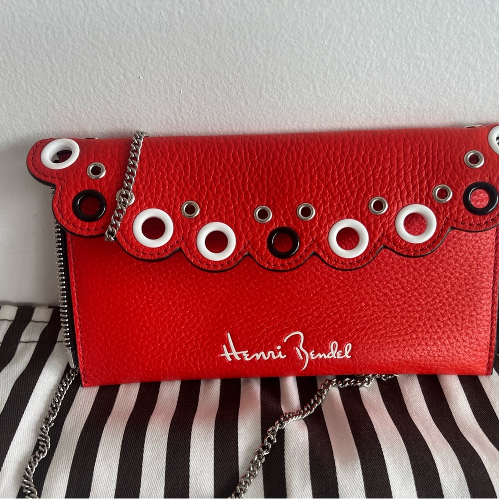 NWOT Henri Bendel Red Leather Clutch with Chain- Rivintong pouch
